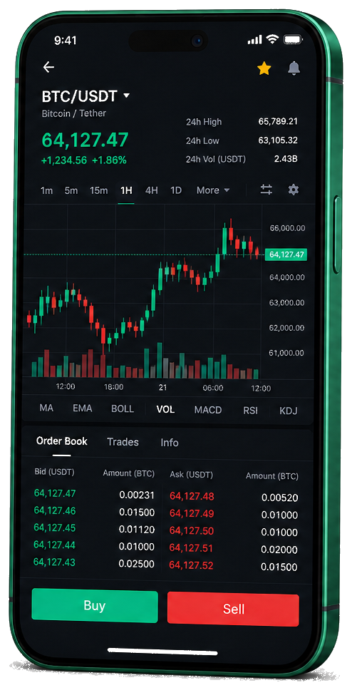 Zénith Capitange trading platform on mobile — live BTC/USDT chart, order book, and buy/sell interface